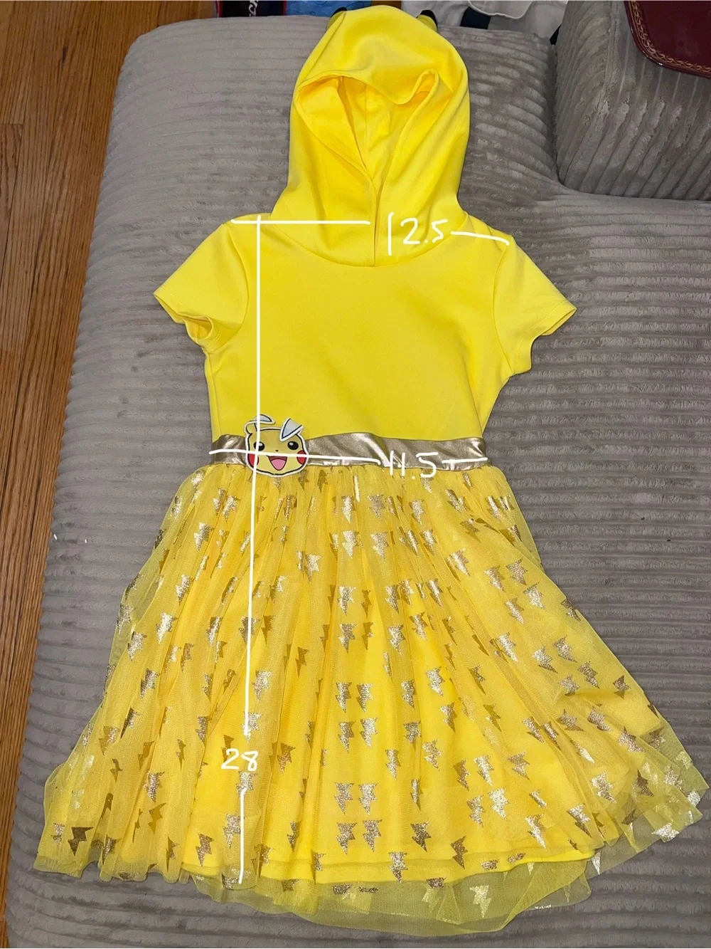Pokémon Pikachu Girls Hooded Costume Dress Yellow Gold Tulle Size 7/8